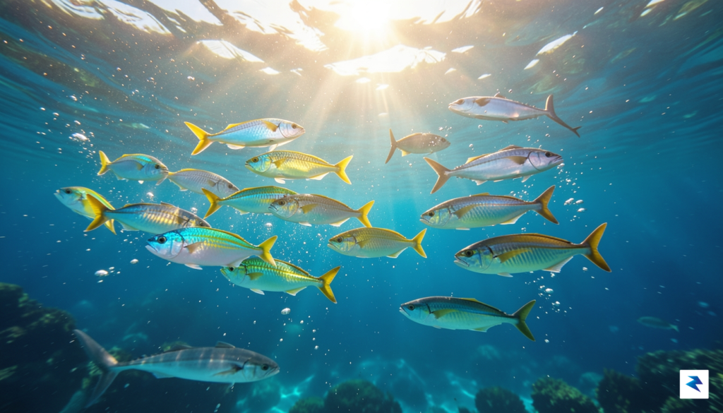 A vibrant school of mahi-mahi swimming in clear blue ocean…