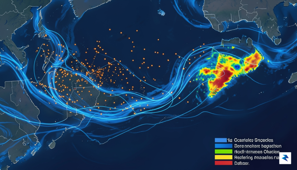 A digital visualization of a Pacific ocean currents map overlaid…