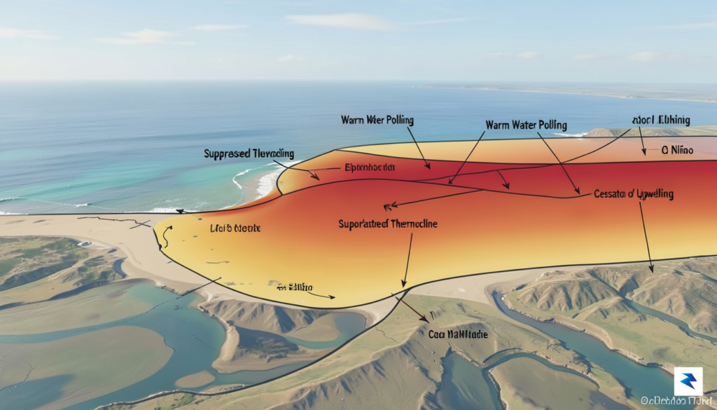 A cross-section diagram of the Pacific Ocean showing the thermocline…