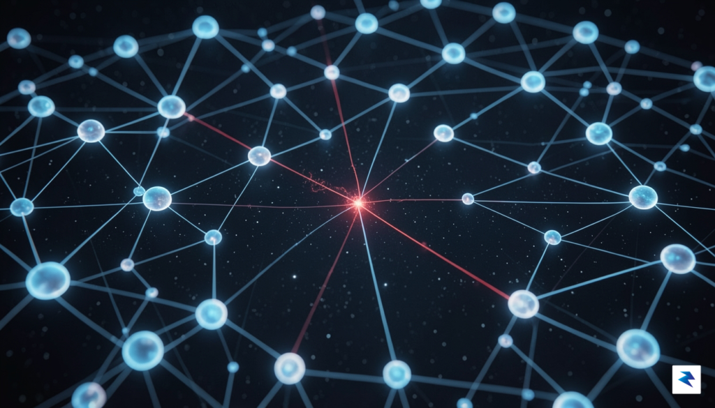 A conceptual digital visualization showing a glowing, interconnected global network…