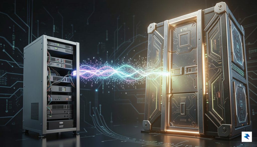 A conceptual digital visualization showing a small, humble $3,000 server…