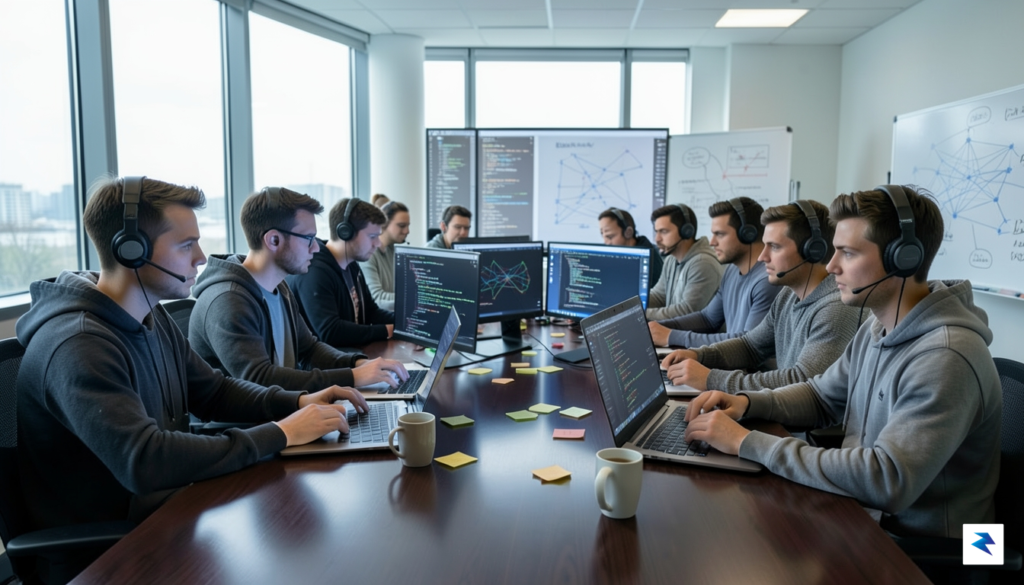 A diverse group of ethical hackers collaborating around screens displaying…