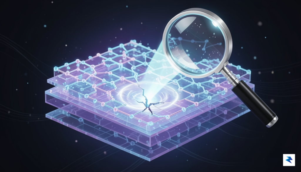 A high-tech digital illustration showing a glowing, multi-layered blockchain architecture…