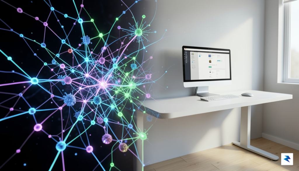 A conceptual digital art piece showing a glowing, multi-layered neural…