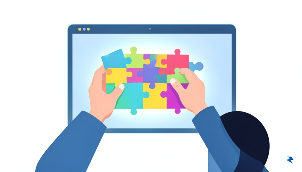 A clean, minimalist flat-illustration of a person organizing digital puzzle…