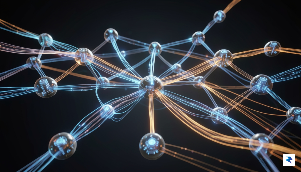 A conceptual 3D visualization showing glowing digital data streams being…