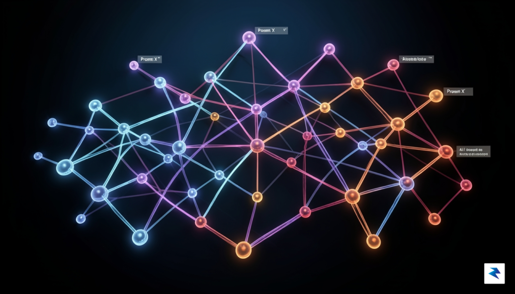 A 3D data visualization showing a network of interconnected glowing…
