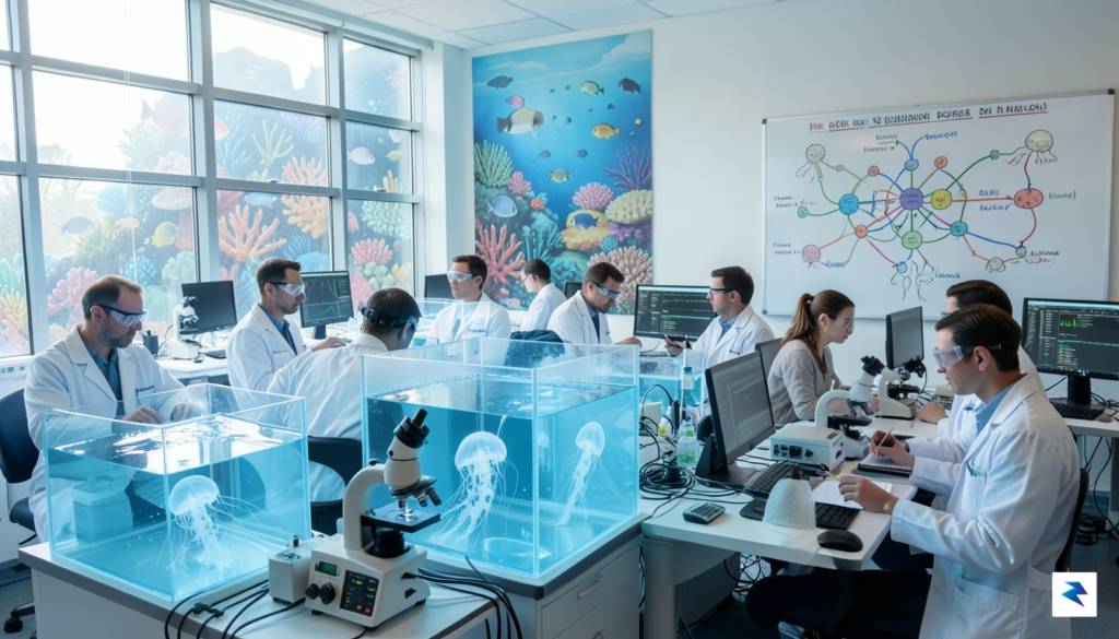 A diverse group of scientists in a laboratory, studying jellyfish…