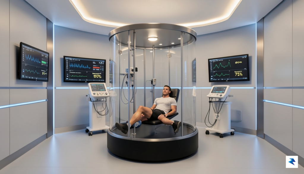 A high-tech recovery room featuring an athlete relaxing in a…