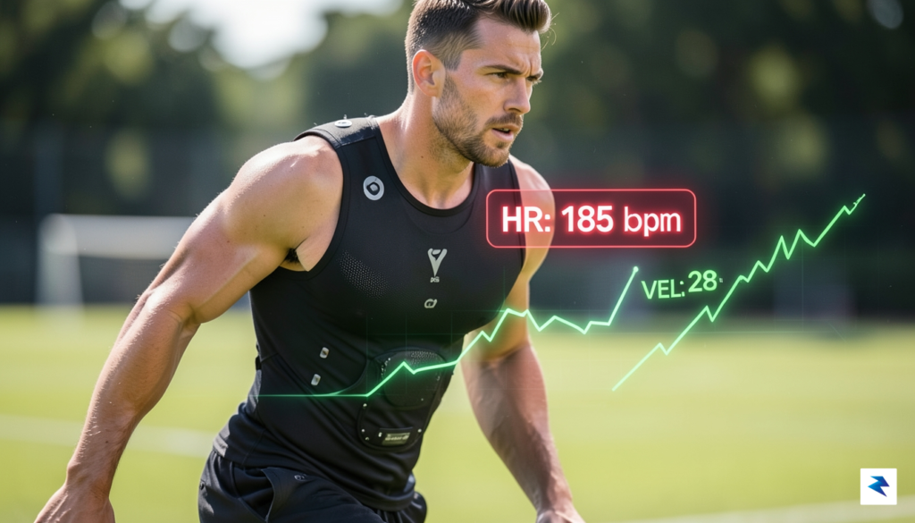 A close-up of a professional footballer wearing a black biometric…