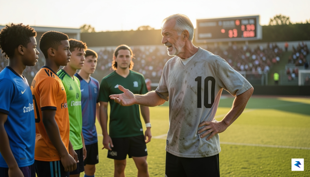 A cinematic shot of a veteran soccer player gesturing instructions…