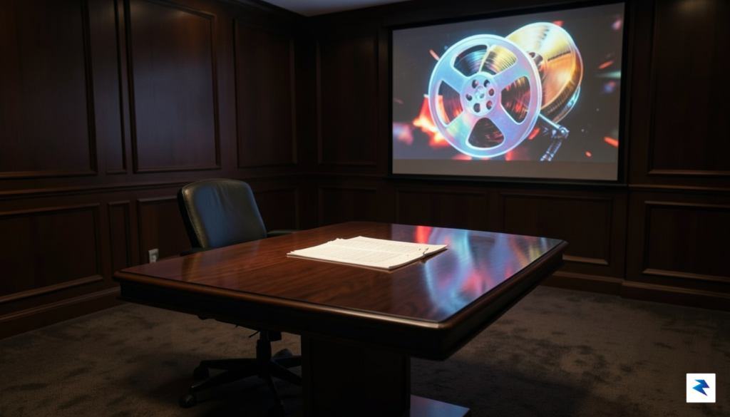A cinematic shot of a dimly lit, high-end Hollywood boardroom&hellip;