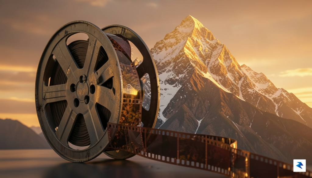A conceptual digital illustration showing a cinematic film reel transitioning&hellip;