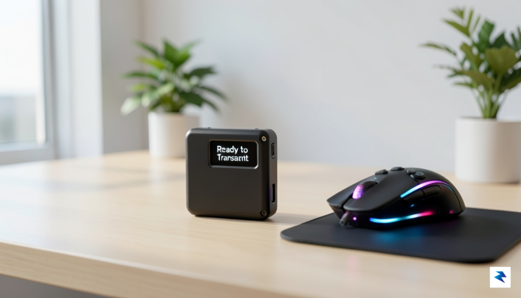 A high-tech, minimalist hardware crypto wallet resting on a clean…