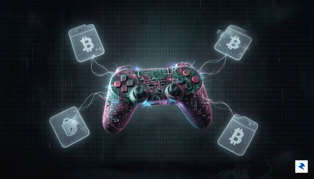 A conceptual digital art piece showing a glowing, corrupted game…