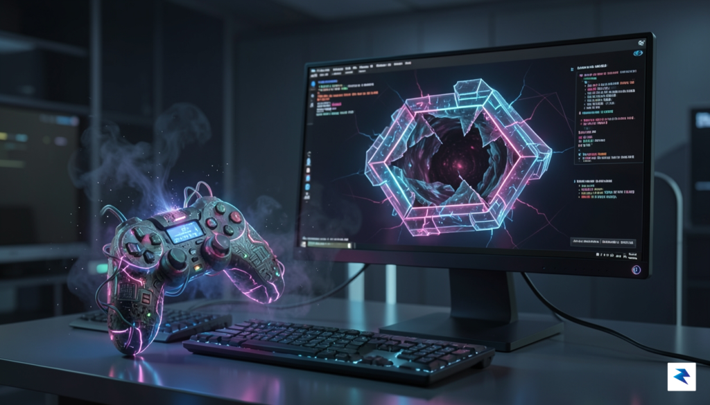 A digital security concept illustration showing a glowing, corrupted game…