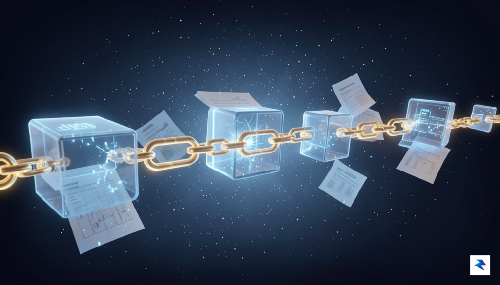 A conceptual 3D visualization showing digital data blocks connecting to&hellip;