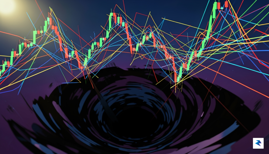 A digital illustration showing a chaotic, colorful stock market ticker&hellip;