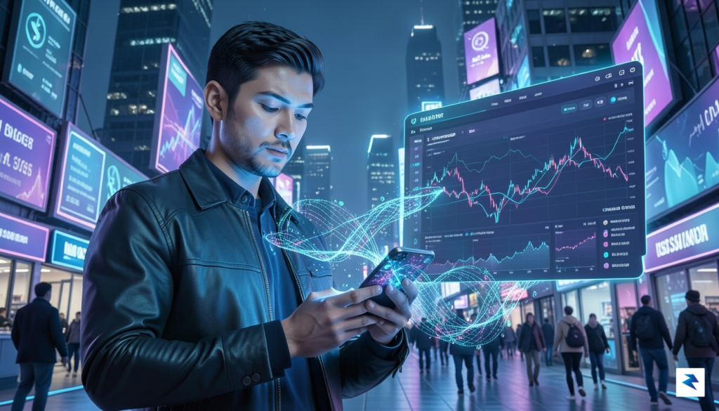 A vibrant, futuristic digital illustration showing a retail trader holding&hellip;