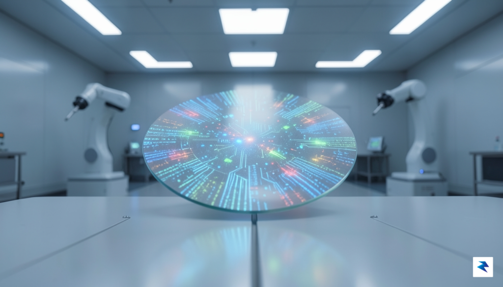 A high-tech, cinematic shot of a glowing silicon wafer inside…