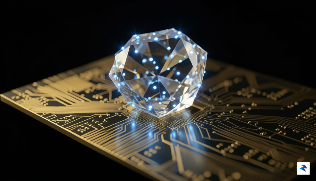 A close-up, high-tech conceptual illustration showing a microscopic diamond crystal…