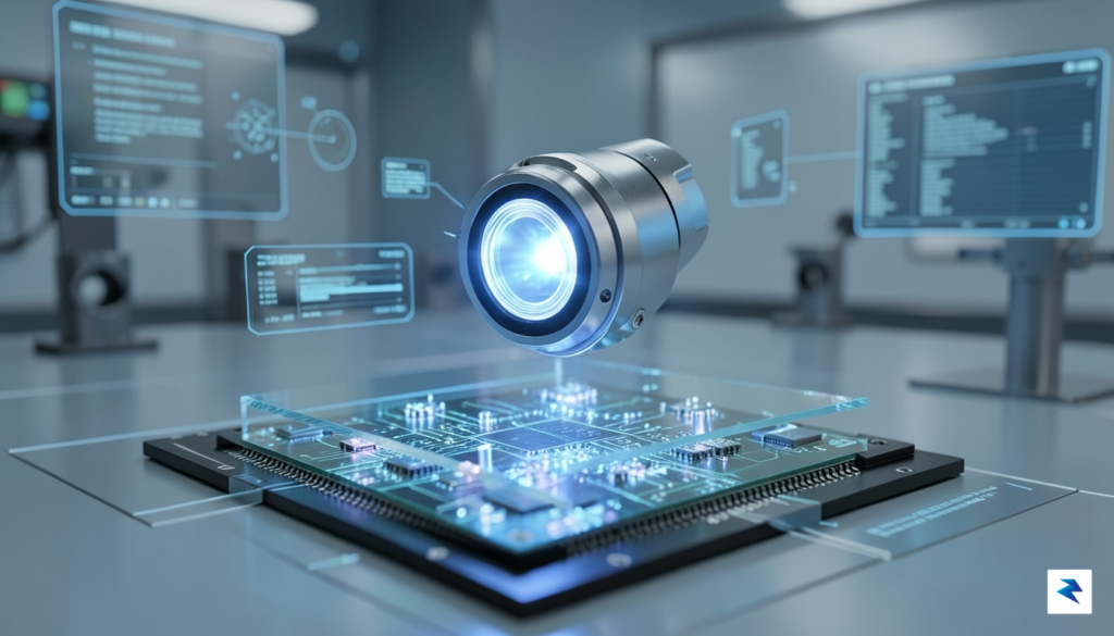 A close-up, highly detailed image of a quantum sensor inspecting…