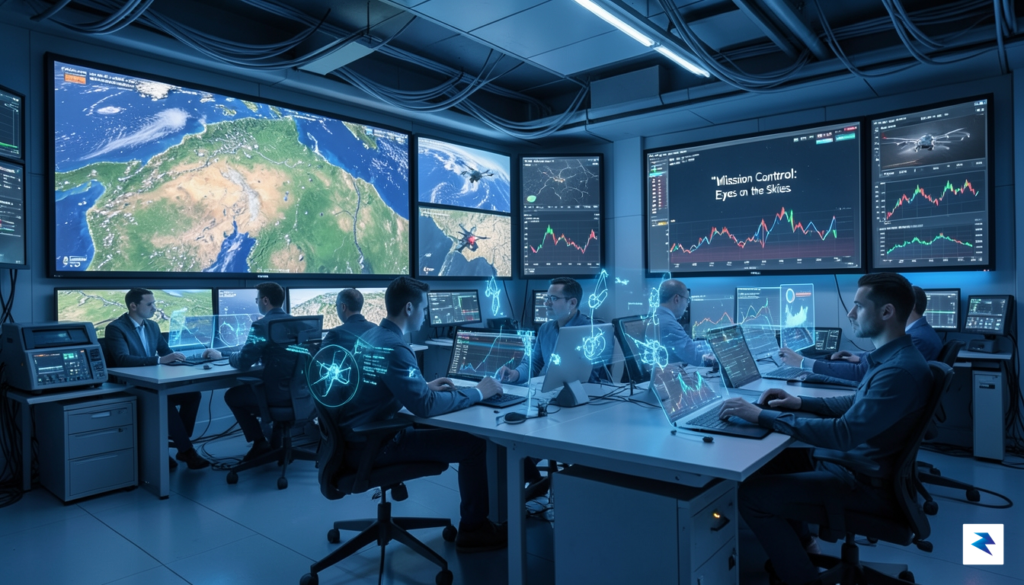 A vibrant, futuristic control room with multiple large screens displaying&hellip;