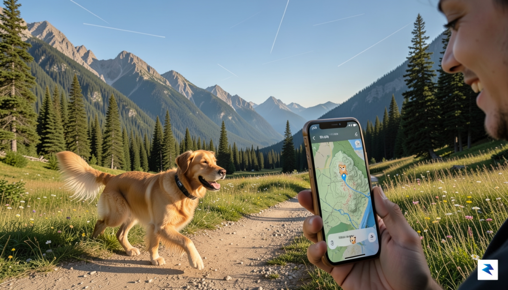 A Golden Retriever wearing a Fi Ultra collar, happily trotting&hellip;