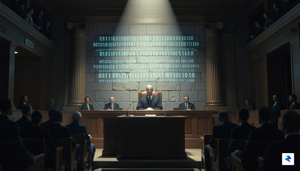 A conceptual digital illustration showing a courtroom silhouette with glowing,&hellip;