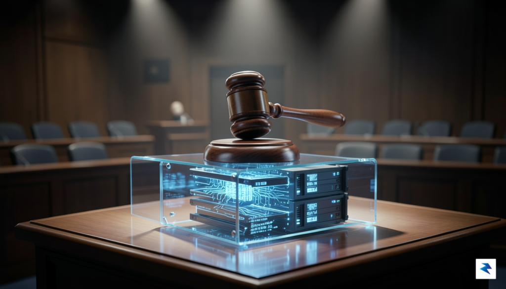 A conceptual digital illustration showing a courtroom gavel resting on&hellip;