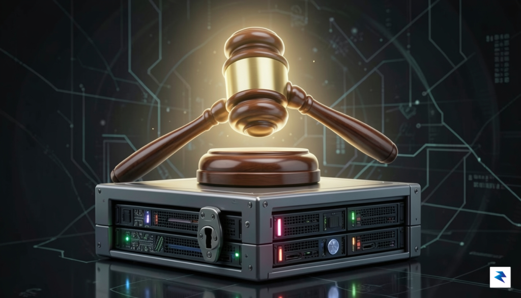 A conceptual digital illustration showing a glowing, complex judicial gavel&hellip;