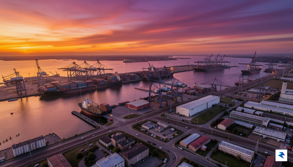 An aerial view of a bustling, industrial shipping port at&hellip;