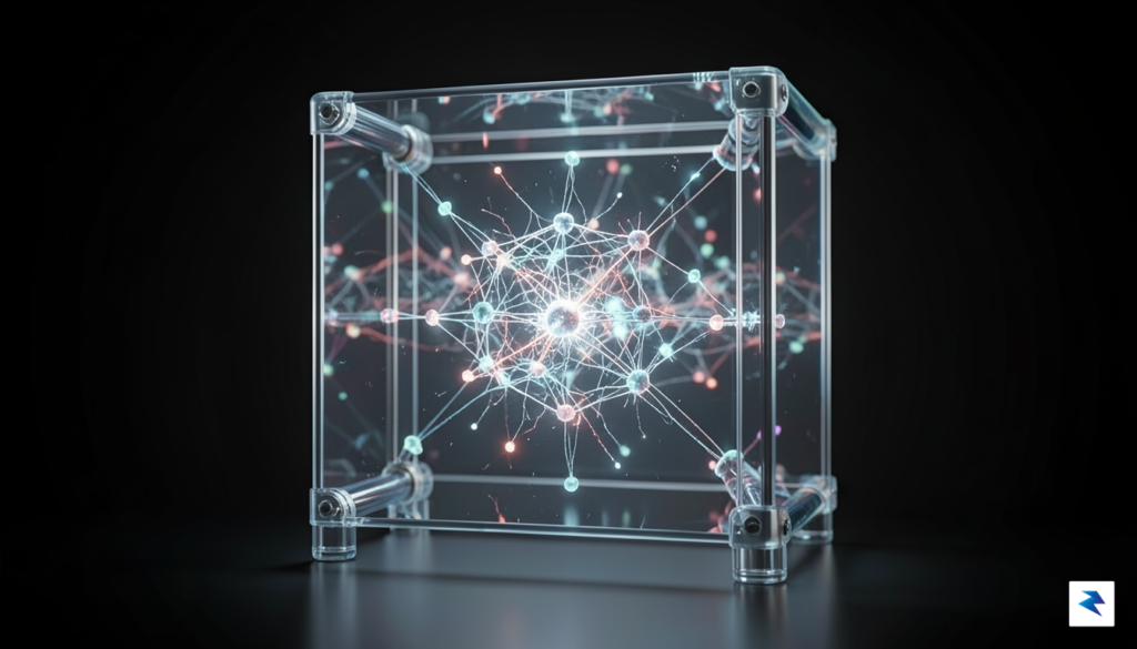 A conceptual digital illustration of a glowing, complex neural network…