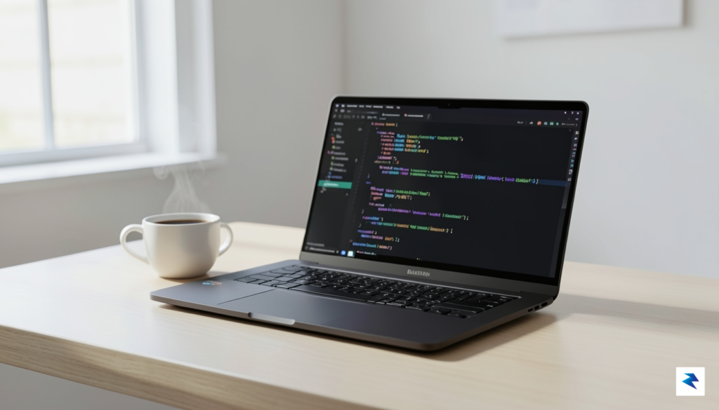 A clean, minimalist workspace featuring a high-end laptop, a cup…