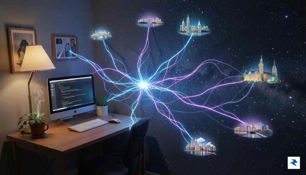 A conceptual digital illustration showing a glowing neural network mesh…