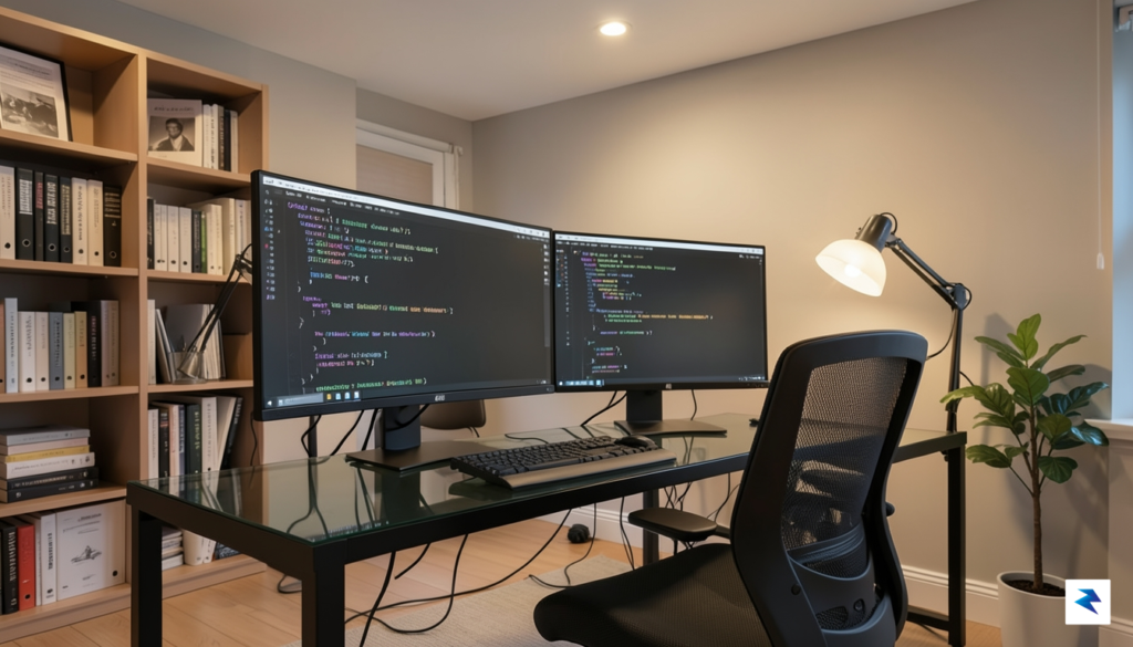 A modern home office setup featuring a high-end workstation with…