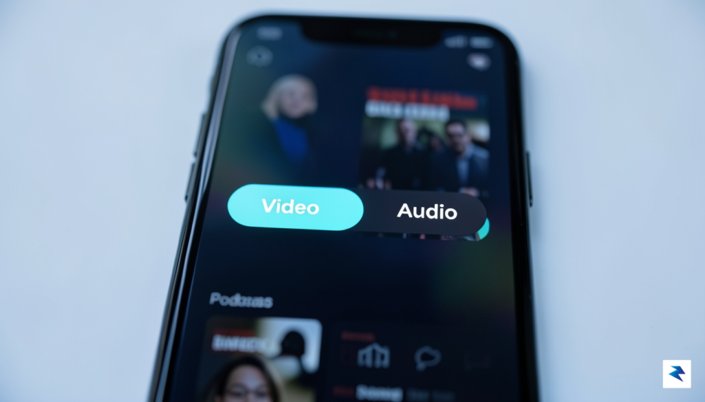A close-up smartphone screen showing a Spotify podcast interface with…