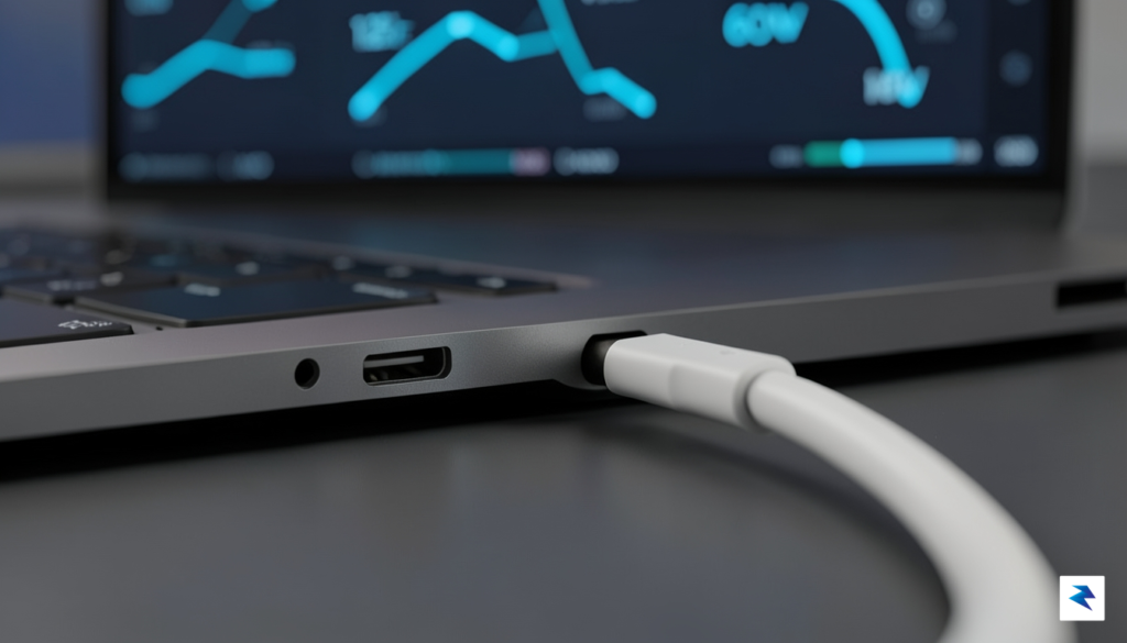 A sleek, minimalist close-up of a MacBook Pro port with&hellip;