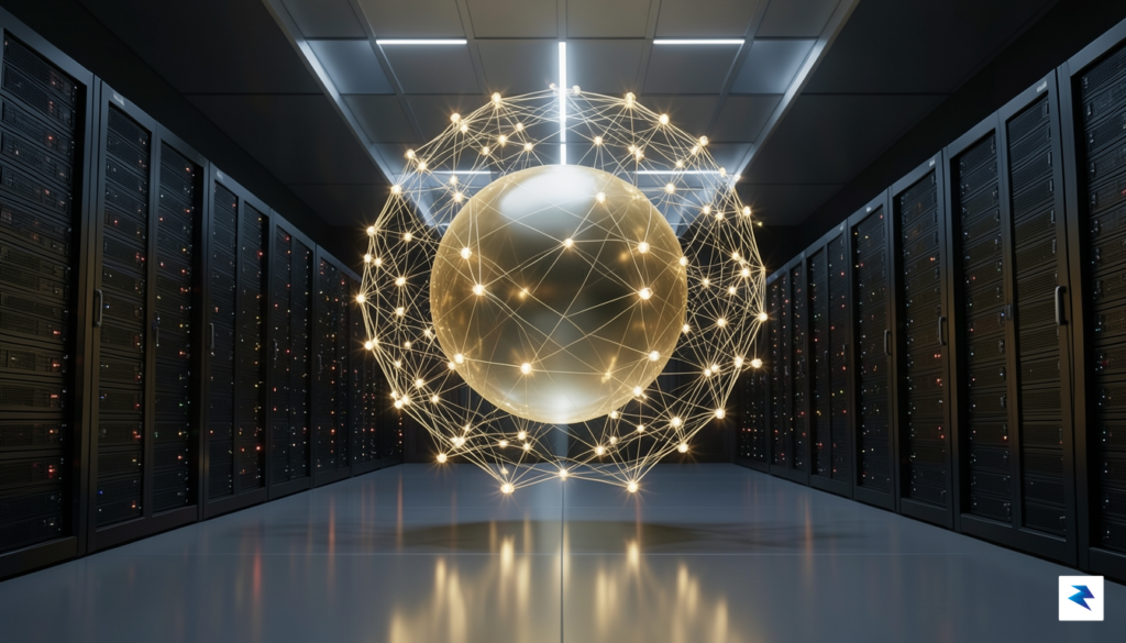 A conceptual digital illustration showing hundreds of glowing server nodes&hellip;