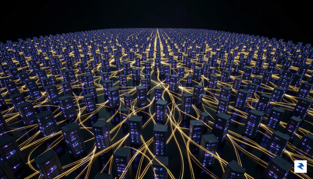 A digital visualization of a massive cluster of glowing server&hellip;