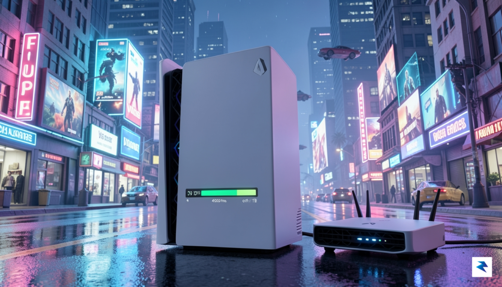 A modern gaming console (like a PS5 or Xbox Series…