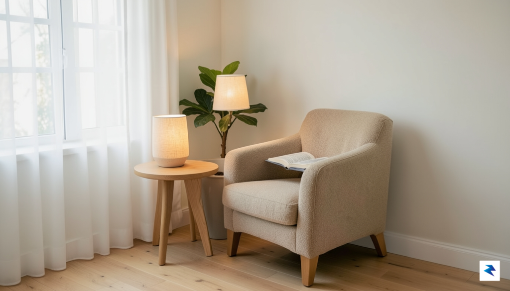 A cozy, minimalist reading nook featuring a comfortable armchair, a&hellip;