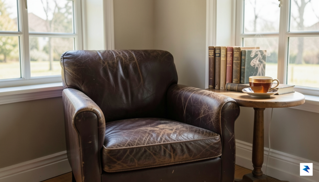 A warm, sunlit reading nook featuring a worn leather armchair,&hellip;