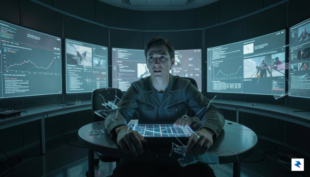 A person looking at multiple glowing screens with fragmented information,&hellip;