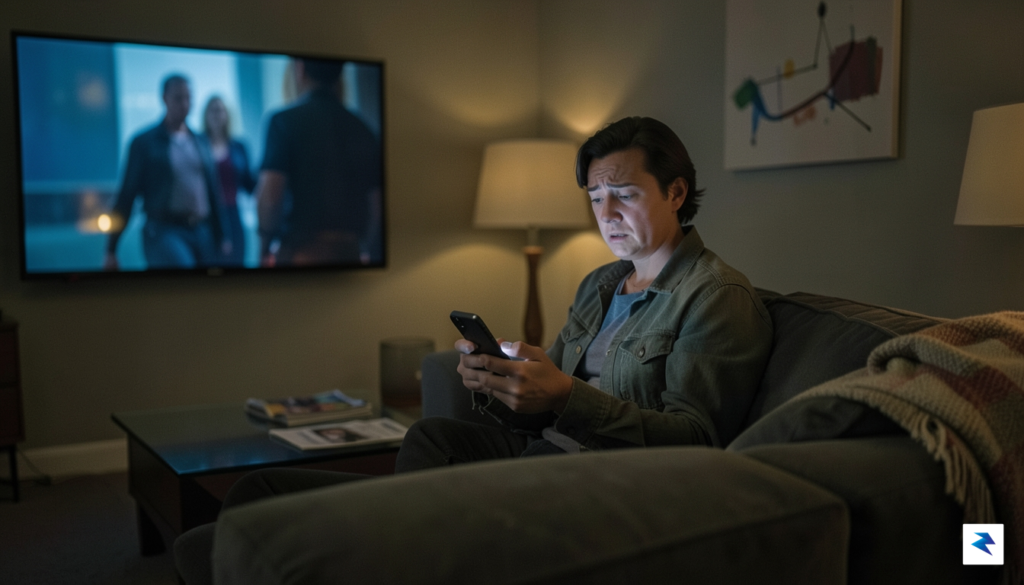 A person sitting on a couch in a dimly lit&hellip;