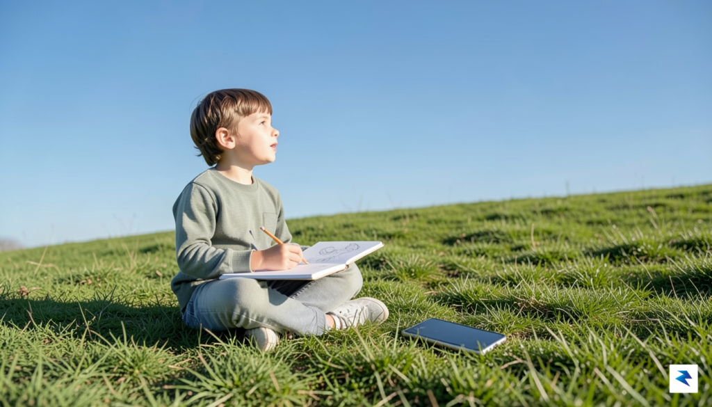 A child sitting on a grassy hill, looking up at…