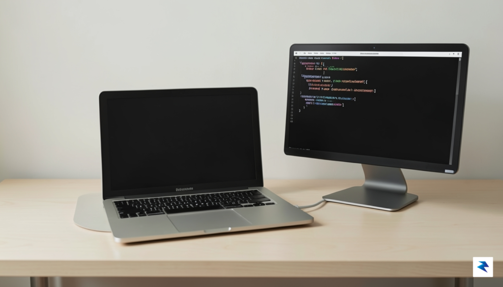 A clean, minimalist desk setup featuring a MacBook Pro connected…