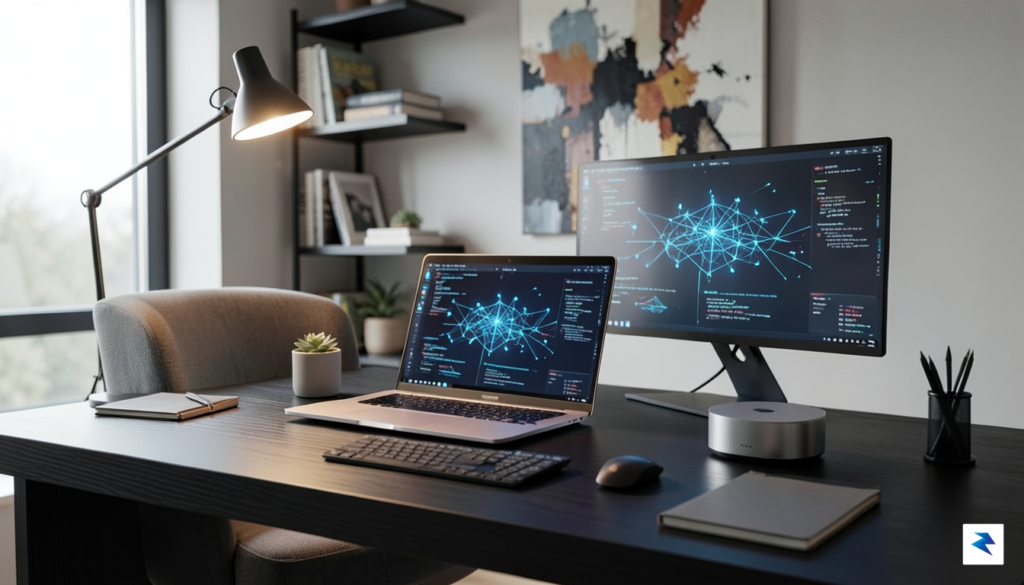 A sleek, modern desk setup featuring a primary laptop open…