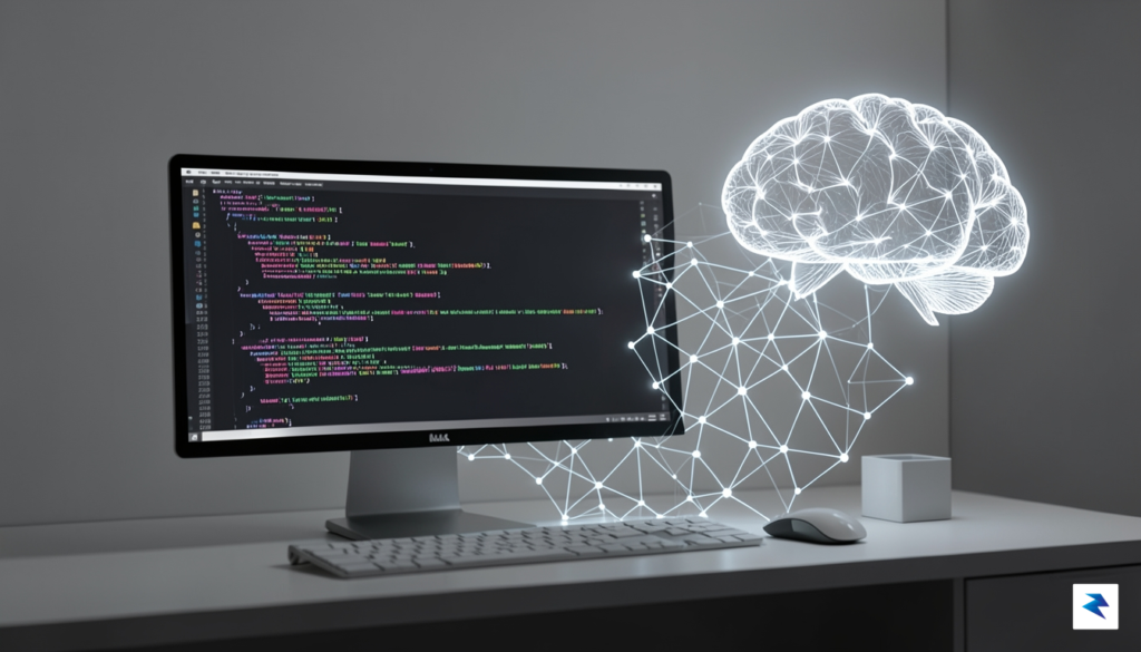 A conceptual digital art piece showing a glowing, minimalist workspace…