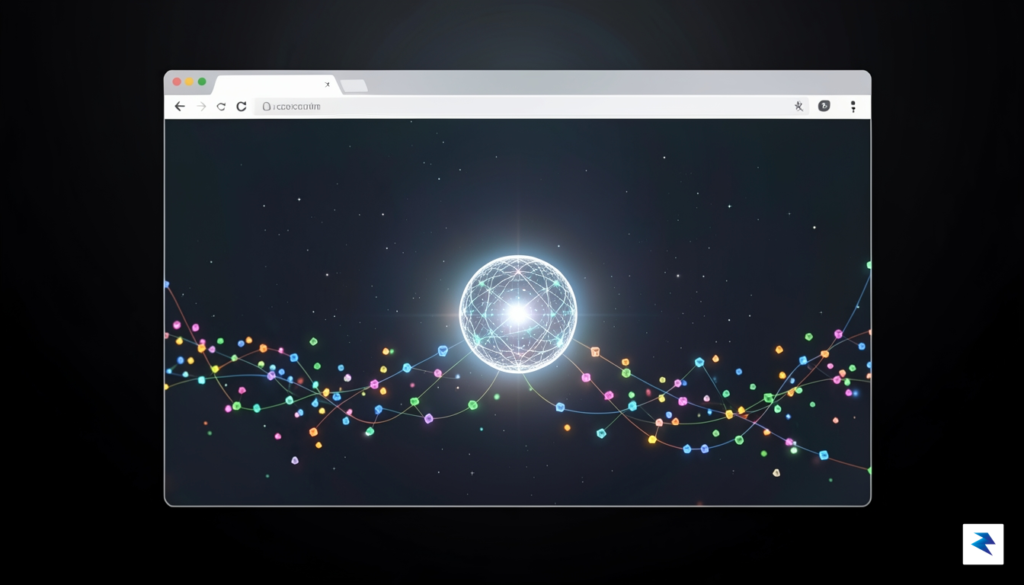 A conceptual digital visualization showing a web browser window transparently…